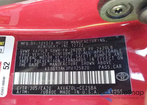 2023 Toyota Camry Se from USA, damaged, VIN 4T1G11AK3PU125820